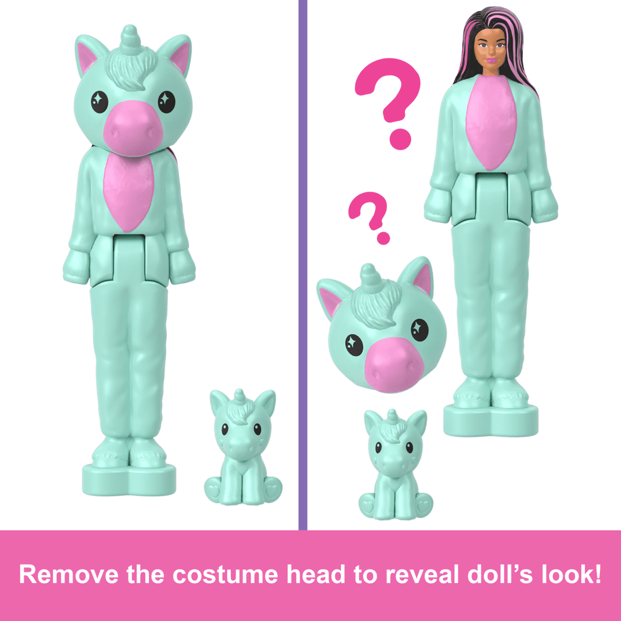 Mini BarbieLand Cutie Reveal showing a doll in unicorn costume with removable head to reveal the Barbie figure.