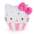 Hello Kitty Cupcake plush featuring Hello Kitty with rainbow sprinkles in a pink striped baking cup with a hot pink bow.
