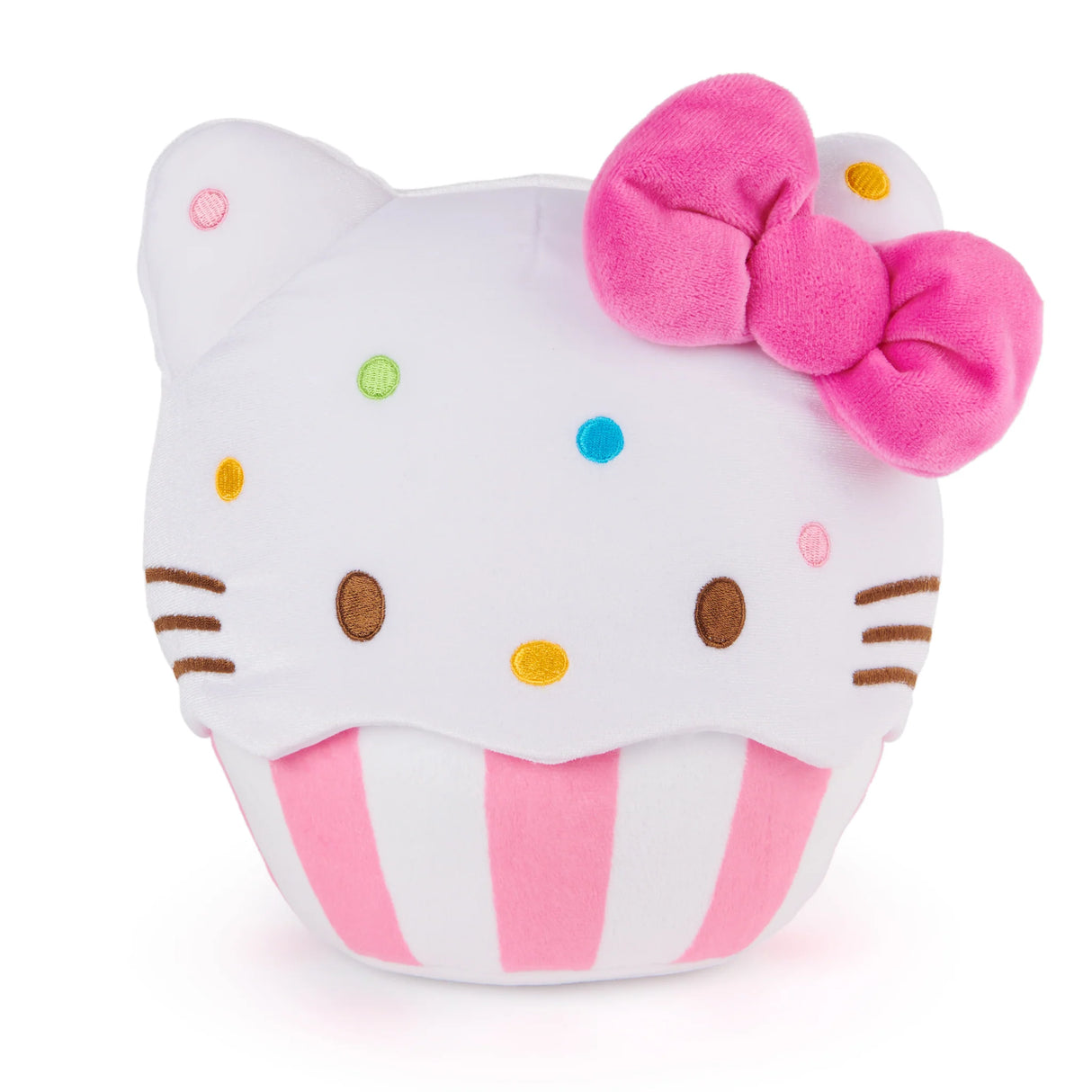 Hello Kitty Cupcake plush featuring Hello Kitty with rainbow sprinkles in a pink striped baking cup with a hot pink bow.