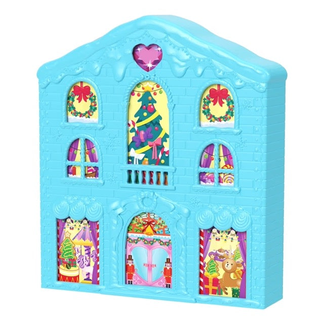 Polly Pocket Advent Calendar shaped like a blue gingerbread house with holiday window decorations and colorful gifts inside.