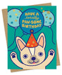 Paw-Some Frenchie Birthday Card with a cute French bulldog, party hat, balloons, and metallic gold foil details.