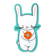 Bunny Flower Sticker showing a cute white bunny holding an orange flower with a teal outline, waterproof vinyl design.