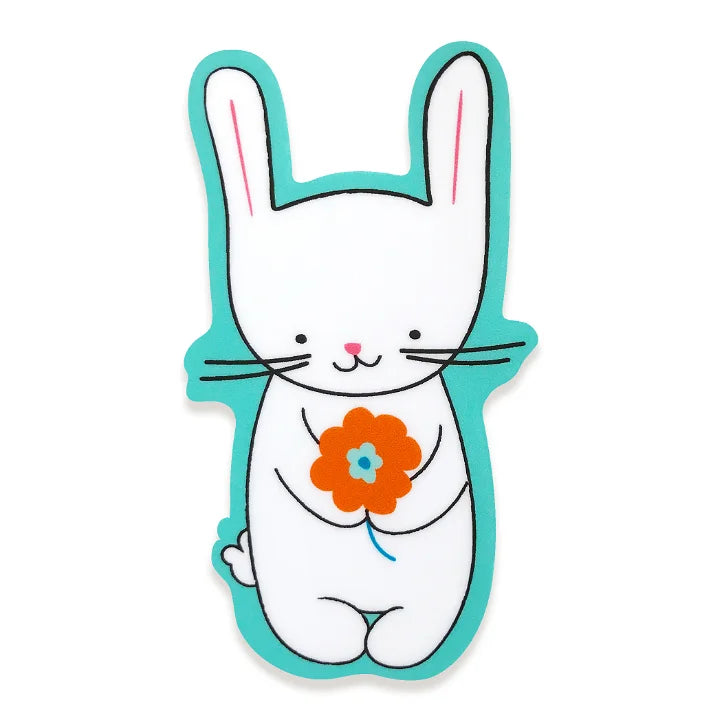 Bunny Flower Sticker showing a cute white bunny holding an orange flower with a teal outline, waterproof vinyl design.