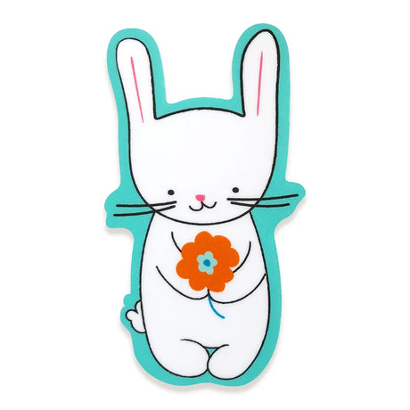 Bunny Flower Sticker showing a cute white bunny holding an orange flower with a teal outline, waterproof vinyl design.