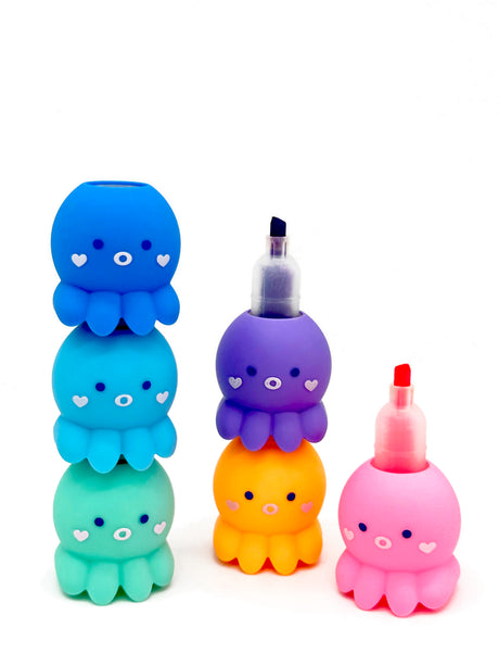 Octo Brites Stackable Markers in bright colors stacked, featuring chisel tips and rubberized octopus design.