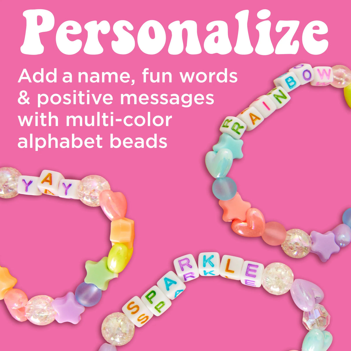 Bead Jewelry Jar | Unicorn showing colorful friendship bracelets with alphabet and shaped beads on pink background