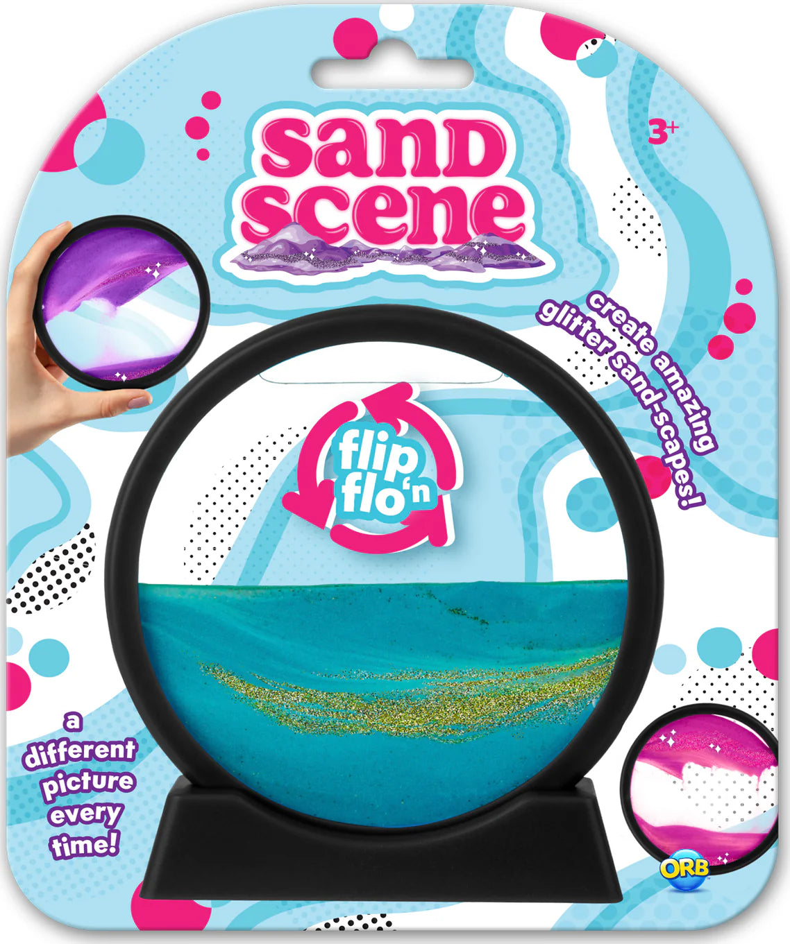 Sand Scene flip and turn sand art decor with blue and gold glitter sands creating relaxing shore landscapes.