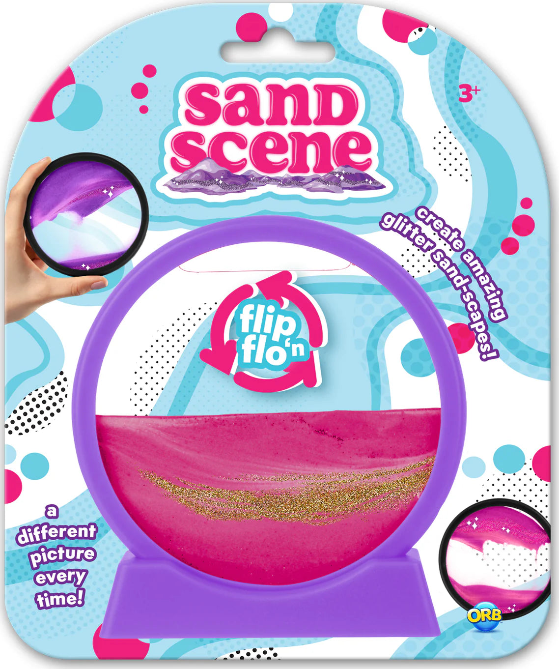 Sand Scene flip and turn toy with pink and gold glitter sand creating unique landscapes every time.