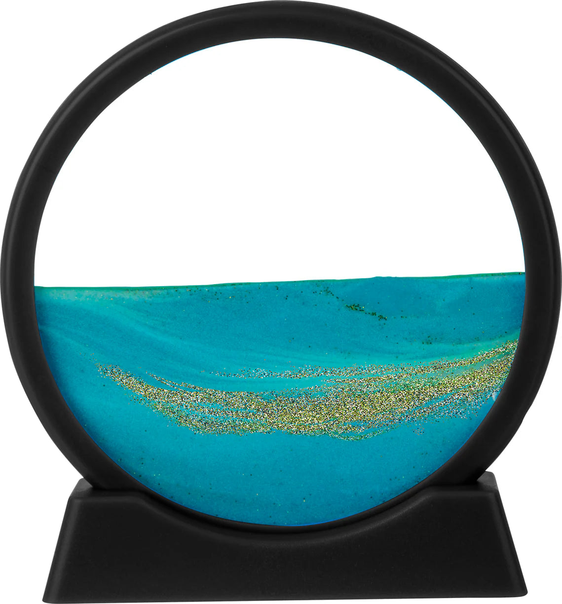 Sand Scene showing blue sand cascading to form serene mountain and valley patterns inside a round frame with black base.