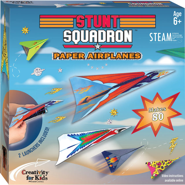 Stunt Squadron Paper Airplanes kit box featuring colorful paper planes and two airplane launchers for kids ages 6 and up.