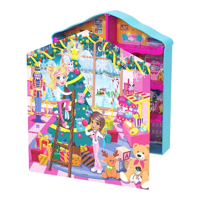 Polly Pocket Advent Calendar with colorful holiday scene, decorated Christmas tree, and surprise gift doors to open.