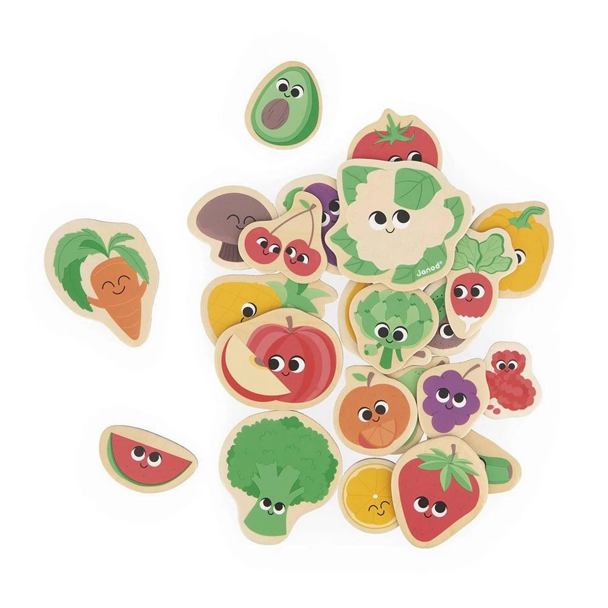 Wooden Magnets | Fruit & Veg featuring colorful fruit and vegetable characters with faces for kids’ imaginative play.