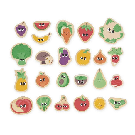 Wooden Magnets | Fruit & Veg set with colorful wooden fruit and vegetable magnets featuring fun expressions for kids.