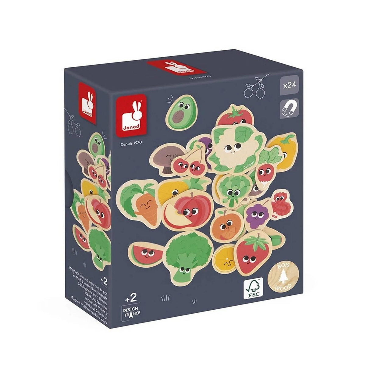 Wooden Magnets | Fruit & Veg set of 24 colorful fruit and vegetable magnets with playful faces for kids ages 2 and up.