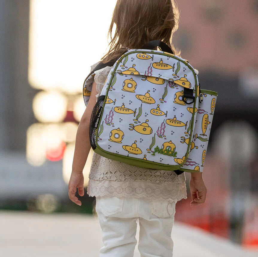 Backpack Toddler Packie | Balloons showing yellow submarine print and side water bottle holder on child