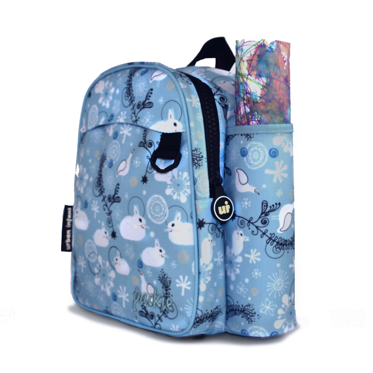 Backpack Toddler Packie | Bunnies preschool backpack with waterproof fabric and patented art tube for kids ages 2-5.