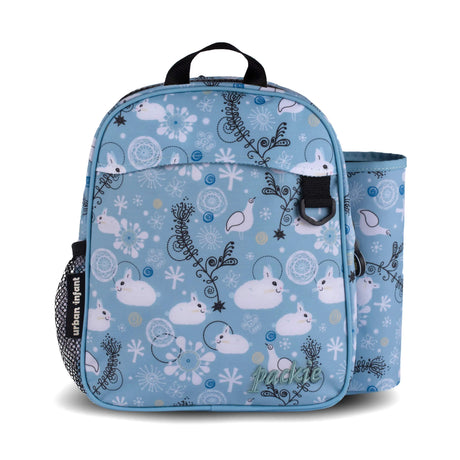 Backpack Toddler Packie | Bunnies in blue with playful bunny print, side water bottle holder, and front D-ring for toys.