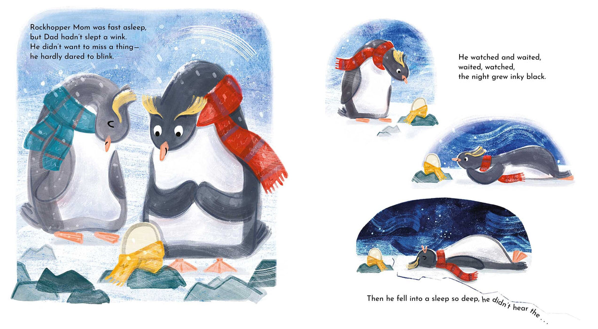 Illustration from Penguin's Egg showing two penguins in scarves beside an egg on snowy ice under a wintry sky.