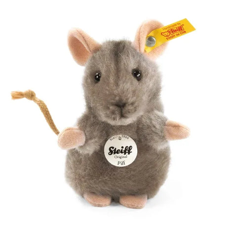 Mouse Piff plush toy with light gray fur, braided tail, and Steiff's signature button in ear for kids and collectors.