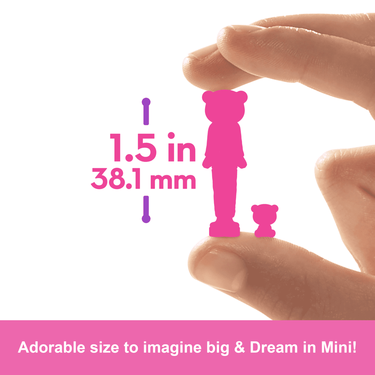 Mini BarbieLand Cutie Reveal shows a 1.5-inch miniature Barbie doll held between fingers for scale.