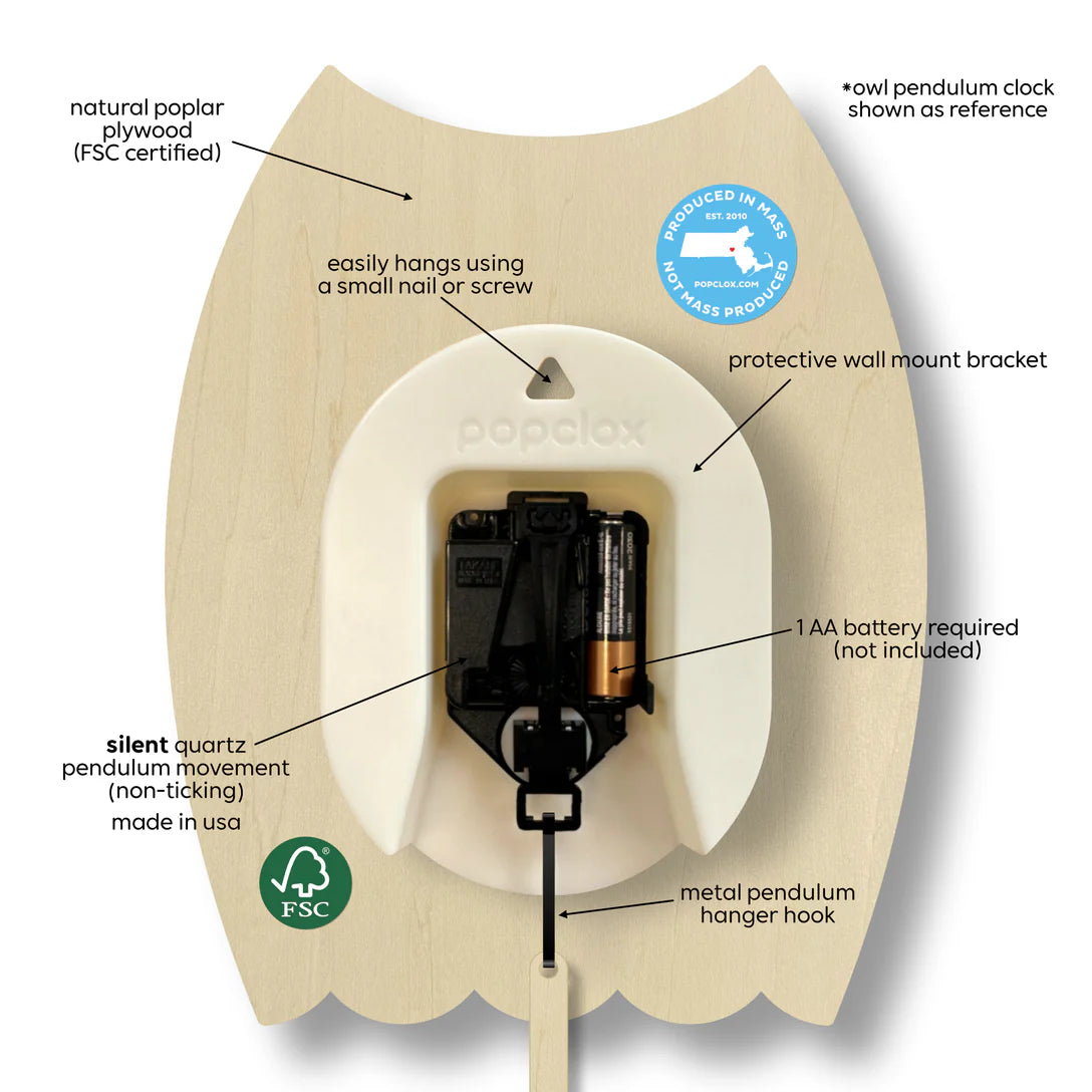 Wood Pendulum Clock | Squirrel showing natural poplar plywood back with battery and wall mount bracket details.