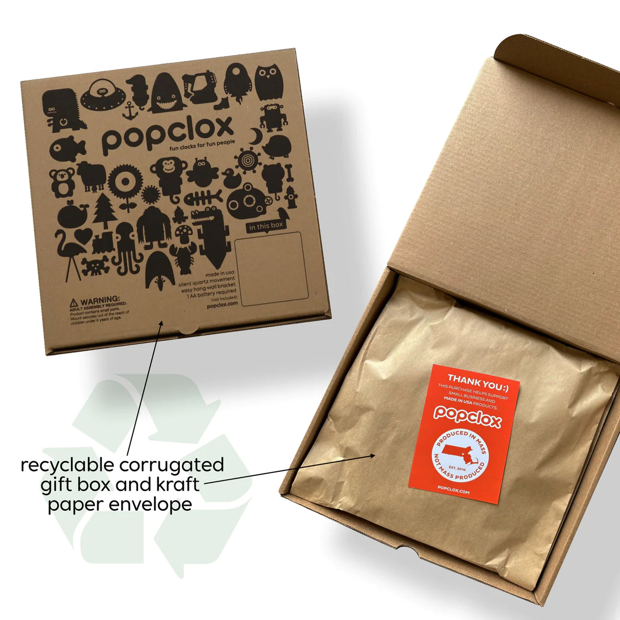 Wood Pendulum Clock | Purple Owl packaged in recyclable corrugated box with kraft paper envelope from Popclox.