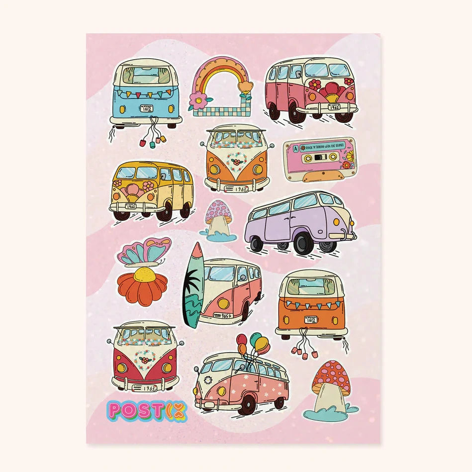Sheet of 14 glittery retro combi van stickers with mushrooms, butterfly, rainbow, and floral accents on pink background