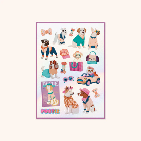 4.25" x 5.8" sheet featuring 17 stickers of dogs in outfits, and other fashionable items.