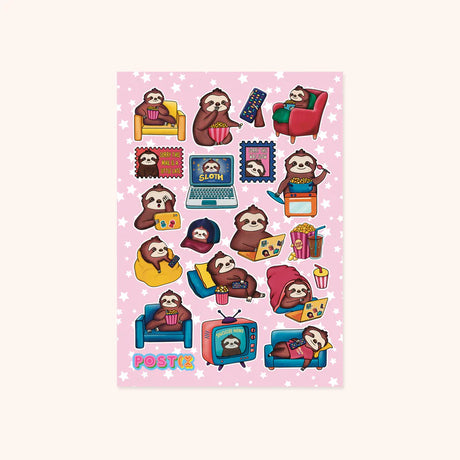 This 4.25" x 5.8" sticker sheet includes 19 stickers featuring adorable depictions of a sloth who has settled in for a cozy movie night.