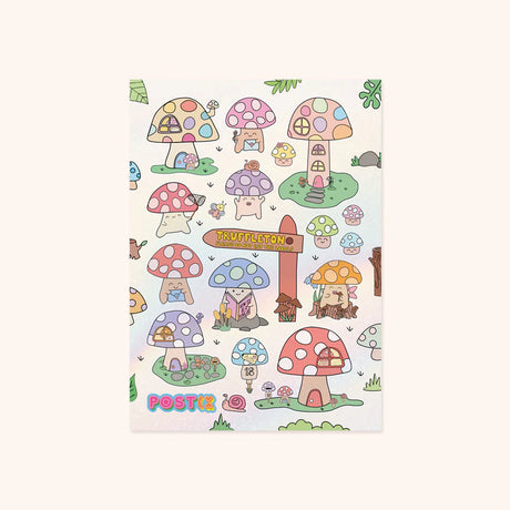 Sticker sheet measuring 4.25" x 5.8" featuring 18 stickers of mushrooms who are the residents of Truffleton.