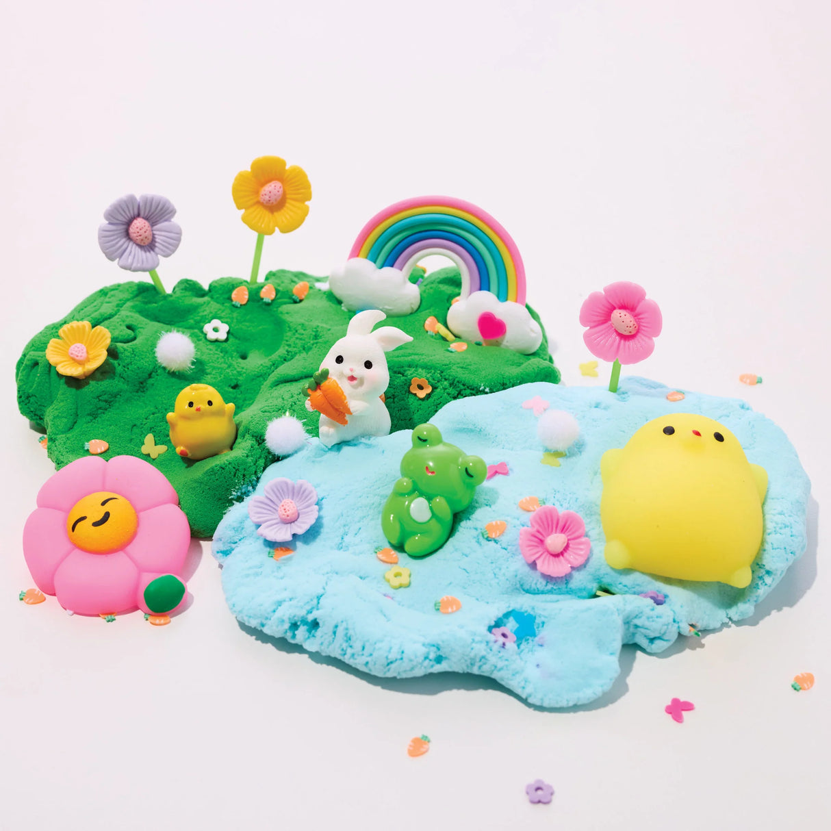 Sensory Pack | Garden Friends with stretchy cloud clay, bunny, chick, frog figurines, flowers, and rainbow for tactile play.