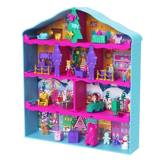 Polly Pocket Advent Calendar playset with dolls, toy car, festive decorations, and cozy winter house design.