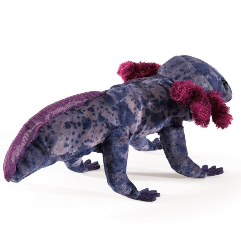 Black Axolotl Puppet plush in dark purple with movable head and fuchsia accents, depicting a Mexican amphibian.
