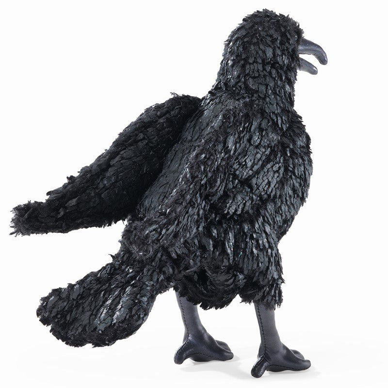 Crow Puppet with sleek black feathery plush, movable beak, and realistic shiny legs creating a lifelike crow illusion.
