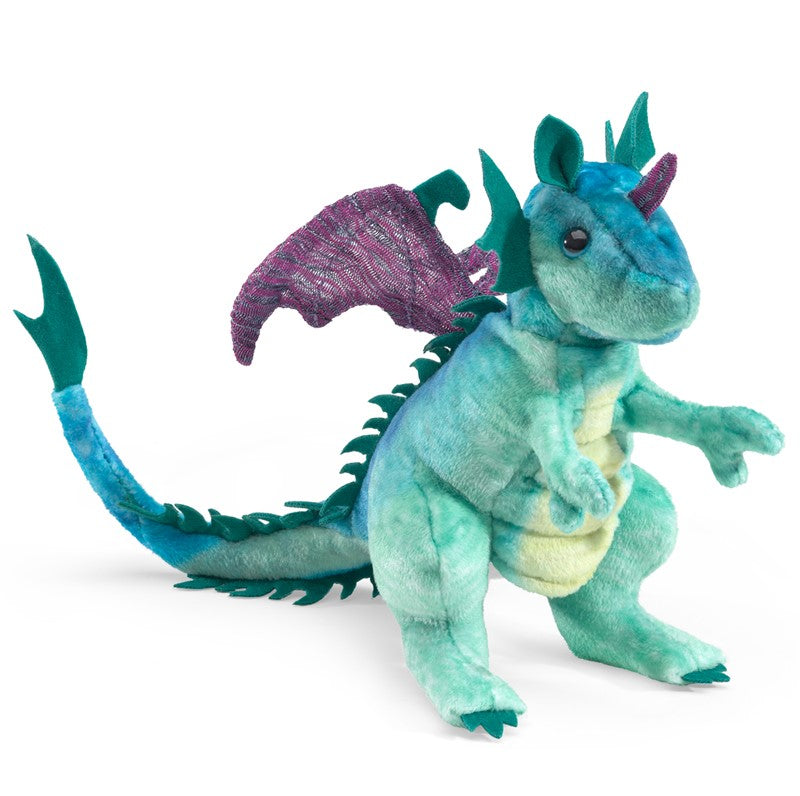 Dragon Finger Puppet plush toy in vibrant green and purple, featuring detailed wings and tail for imaginative play.