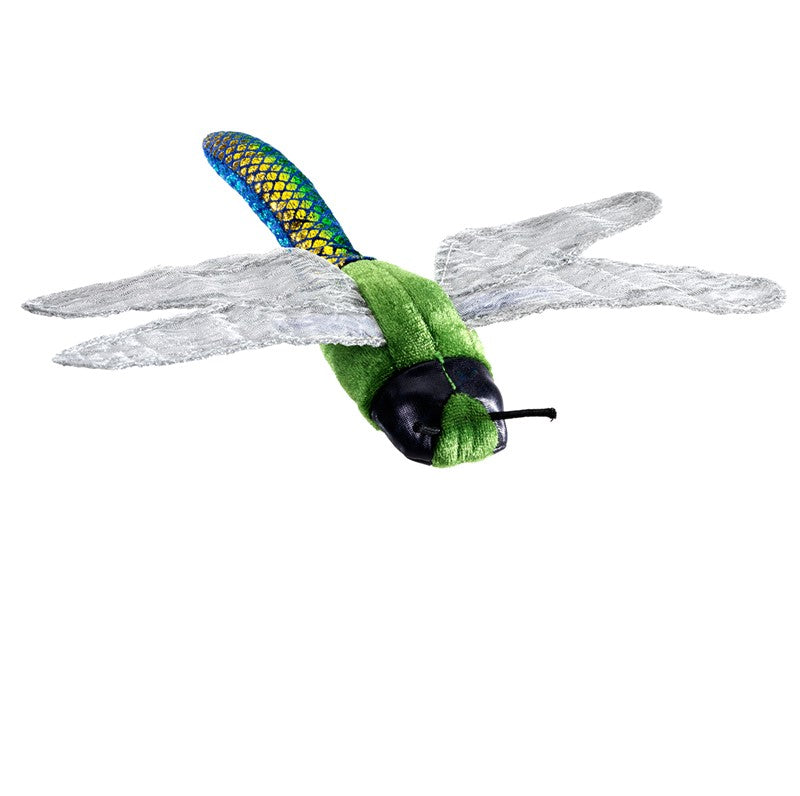 Dragonfly Finger Puppet with green body, blue tail, and detailed wings, perfect for imaginative play and storytelling.