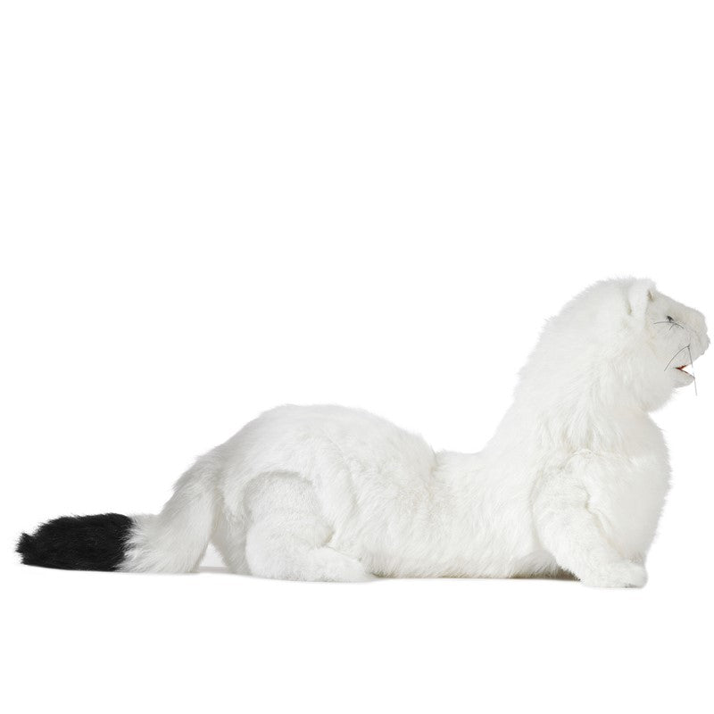 Ermine Puppet is a white plush weasel with a black-tipped tail, movable mouth, and realistic deep coal eyes.