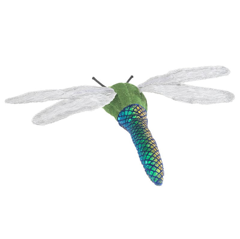 Dragonfly Finger Puppet with shimmering tail and delicate wings, a playful and symbolic toy for children ages 3 and up.