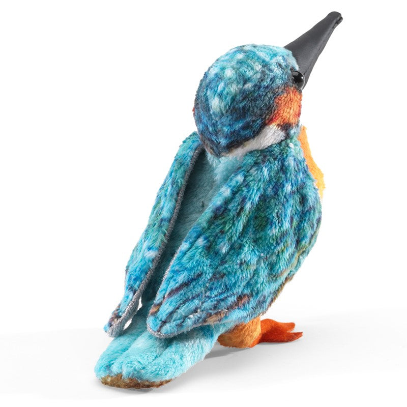 Common Kingfisher Finger Puppet showing colorful blue and orange plush bird with black bill for ages 3 and up.