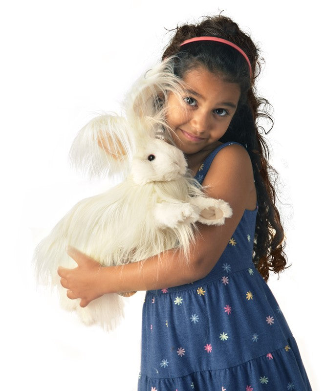 Girl hugging a fluffy Angora Rabbit Puppet with long soft plush and realistic rabbit ears and paws.