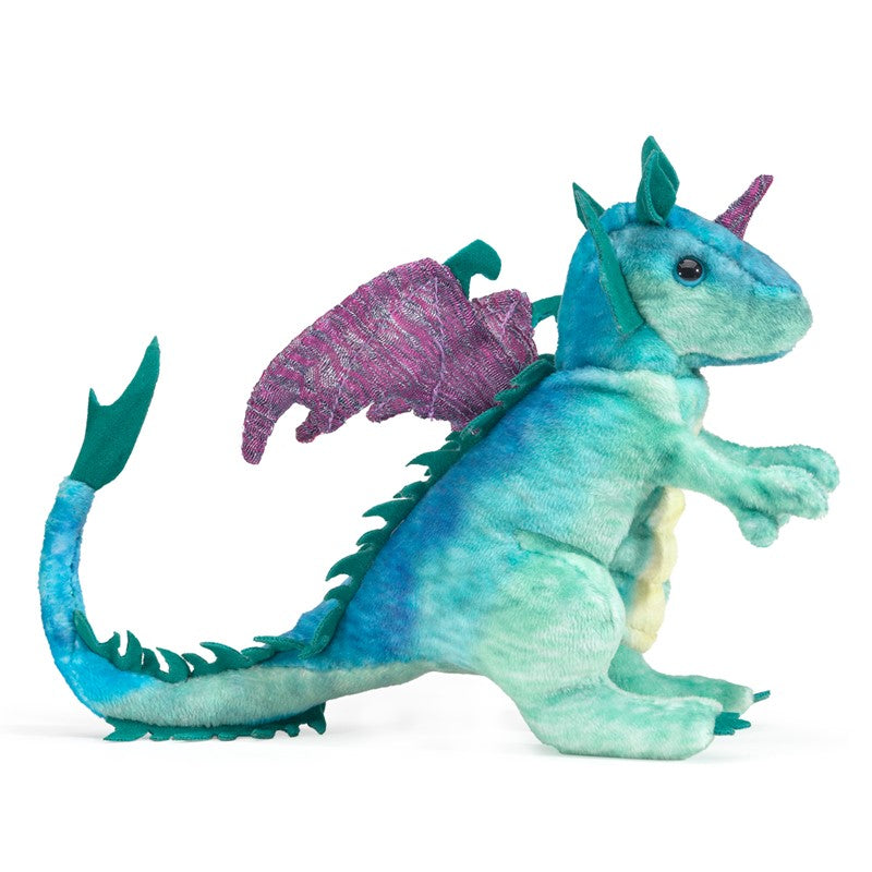 Dragon Finger Puppet in blue and purple with detailed wings, perfect for imaginative play and storytelling for ages 3 and up.