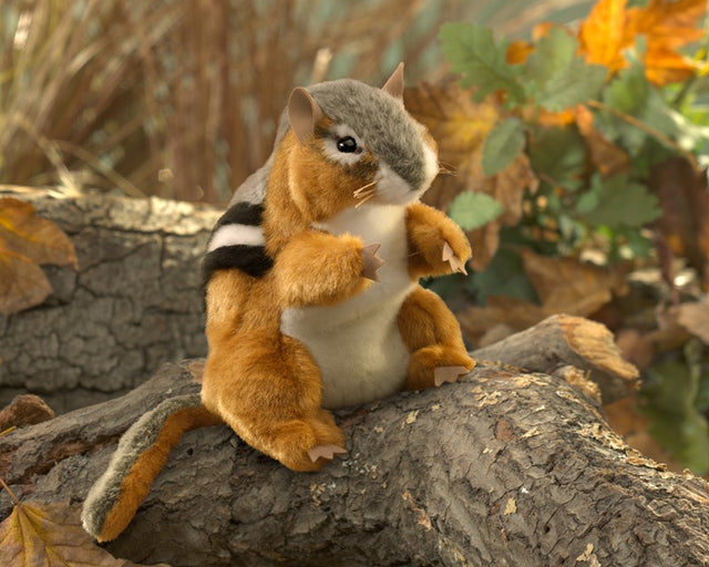 Chipmunk Puppet with pudgy cheeks, signature stripes, bushy tail, sitting on tree bark in autumn woodland setting.