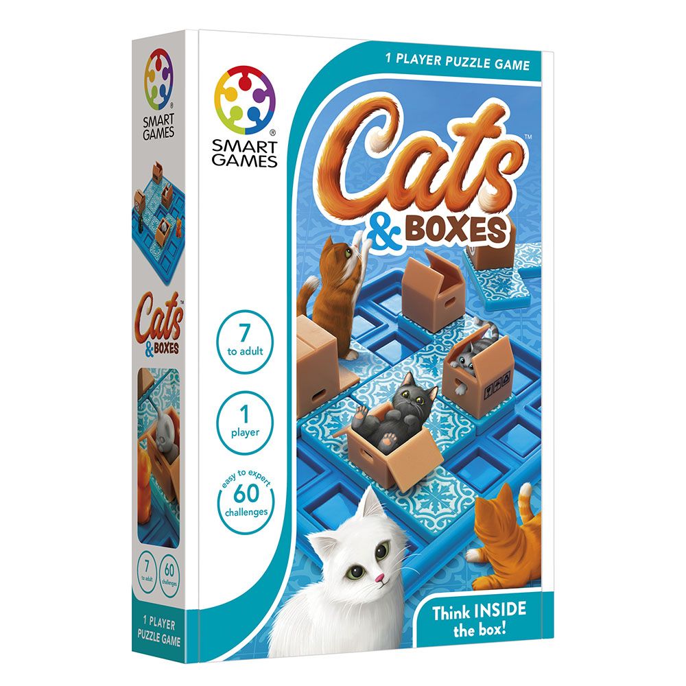 Cats & Boxes puzzle game box featuring playful cats and cardboard boxes on a blue game board with 60 challenges.