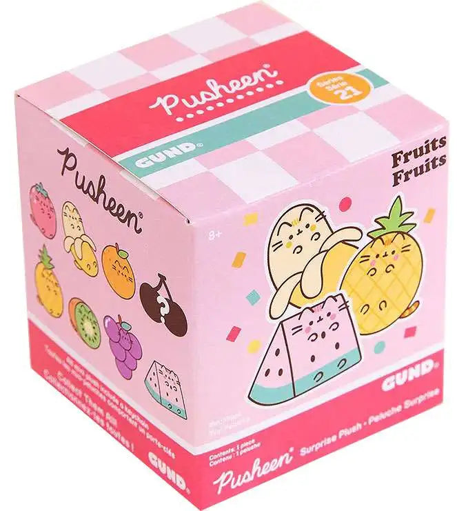 Pusheen Fruit Surprise Blind Box featuring cute fruit-themed Pusheen plush with a keychain inside a pink checkered box.