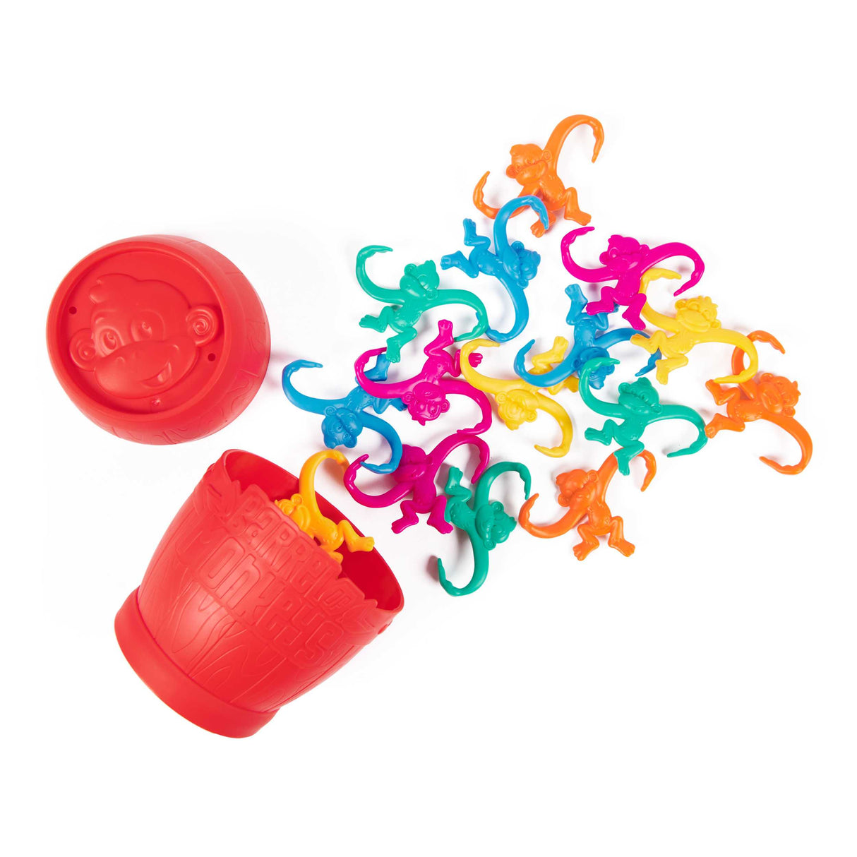 Barrel of Monkeys game with red barrel and colorful plastic monkeys ready for linking and playing fun family game.
