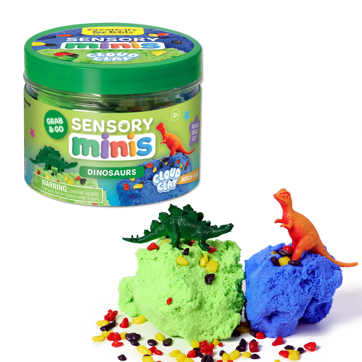 Mini jar of sensory cloud clay with dinosaur figures and colorful small stones for tactile play and motor skill development