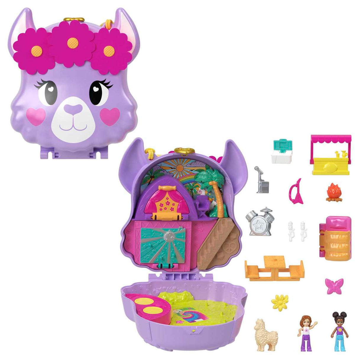 Polly Pocket Camp Adventure Llama Compact with micro dolls, accessories, and camping playset in a llama-shaped case.