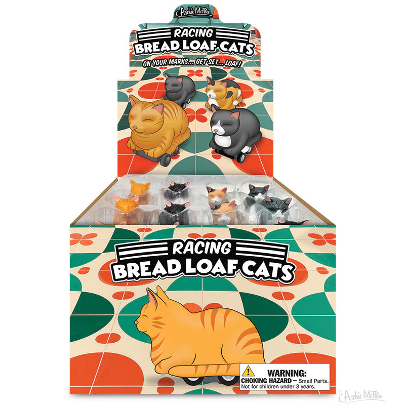 Racing Bread Loaf Cat display box with assorted small pull-back vinyl cat racers in loaf position, four different breeds.