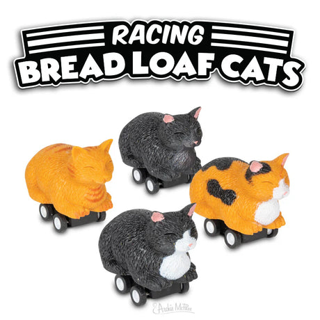Racing Bread Loaf Cat toys in orange tabby, black, tuxedo, and calico designs on wheels, soft vinyl collectible racers.