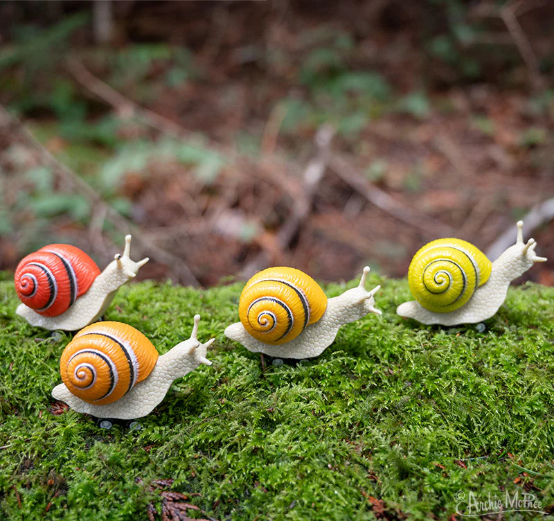 Four colorful Racing Snail toys with wheels on green moss, soft vinyl and plastic, each sold separately.